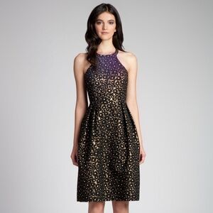 Shoshanna Midnight Greta Dress Black Gold‎ Jacquard Metallic Halter Size 8